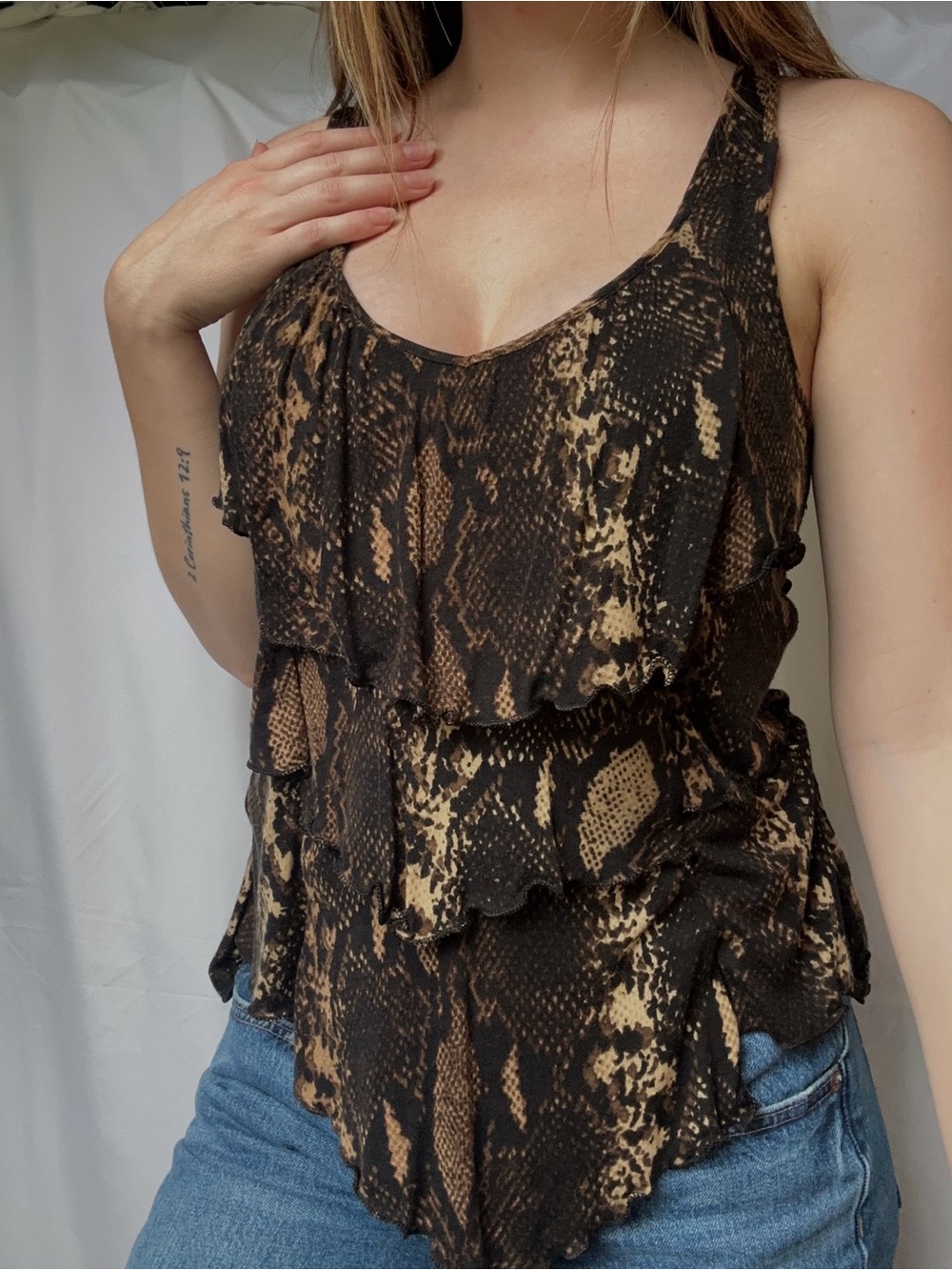 Express Brown Snake-Print Ruffle Layered Tank Top